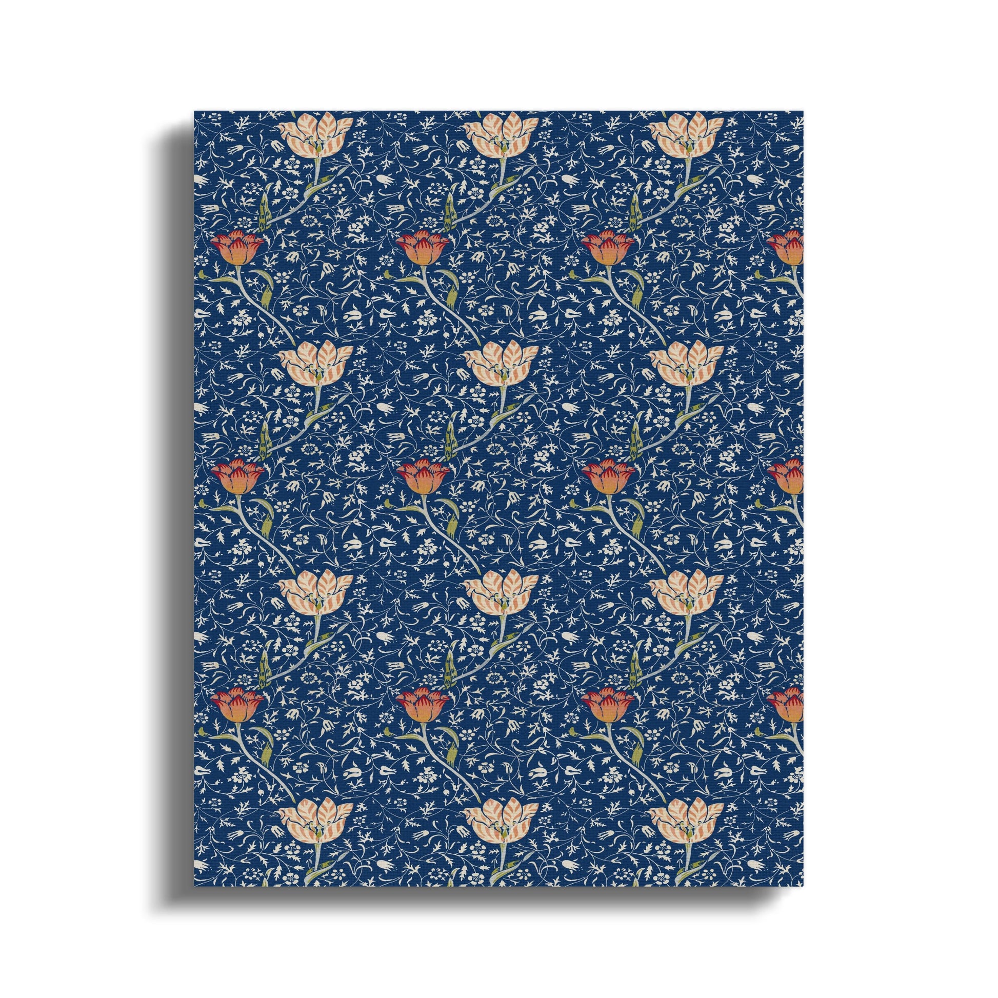 William Morris floral pattern canvas wrap featuring vintage blue background with orange and cream flowers in a botanical design.