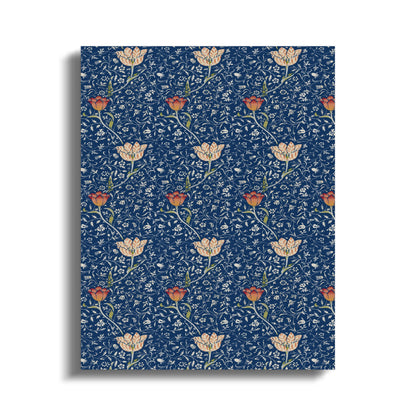 William Morris floral pattern canvas wrap featuring vintage blue background with orange and cream flowers in a botanical design.