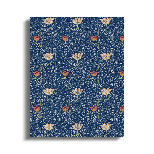 William Morris floral pattern canvas wrap featuring vintage blue background with orange and cream flowers in a botanical design.
