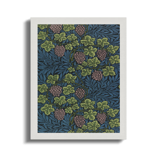 William Morris Grape Vines art reproduction on canvas wrap featuring intricate grapevine and foliage design in green and blue tones.