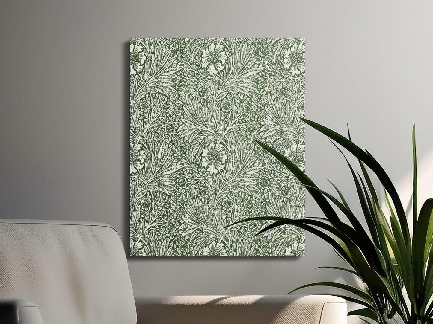 William Morris green floral pattern canvas wrap displayed in a modern living room, complementing minimalist decor with nature-inspired art.