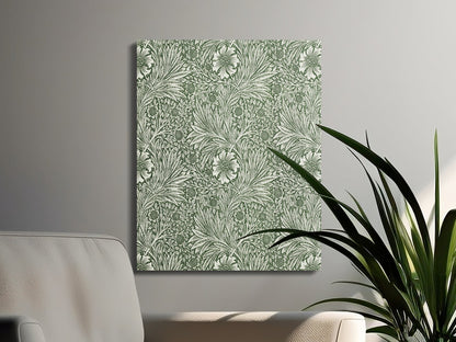 William Morris green floral pattern canvas wrap displayed in a modern living room, complementing minimalist decor with nature-inspired art.