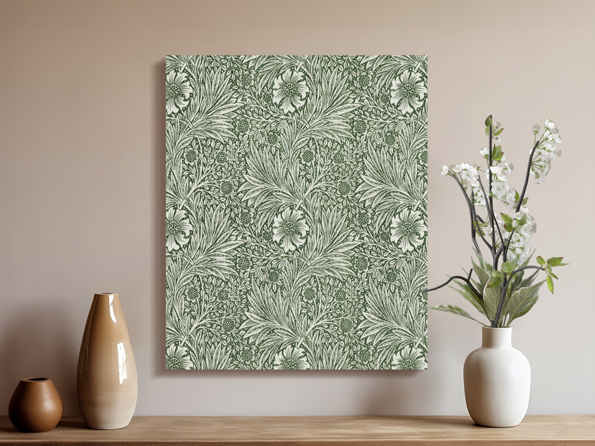 William Morris green floral pattern canvas wrap styled on a wooden console with vases and flowers, adding vintage charm to home decor.