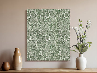 William Morris green floral pattern canvas wrap styled on a wooden console with vases and flowers, adding vintage charm to home decor.