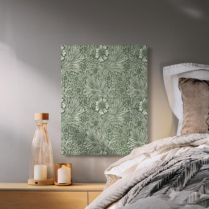 William Morris green floral pattern canvas wrap hung in a cozy bedroom, paired with neutral bedding and soft lighting for a serene atmosphere.