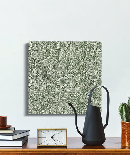 William Morris green floral pattern canvas wrap placed on a desk with modern decor, blending eco-friendly art with functional workspace design.