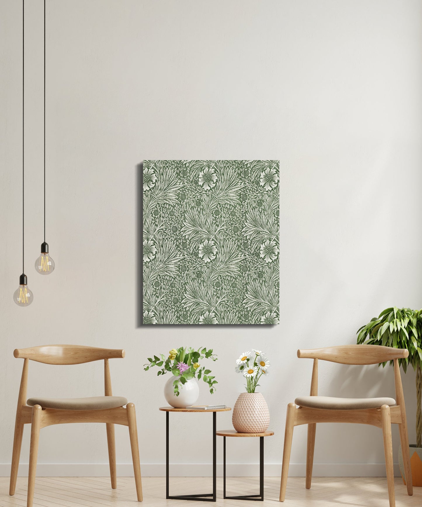 William Morris green floral pattern canvas wrap displayed in a bright sitting area with wooden chairs and plants, enhancing the natural aesthetic.