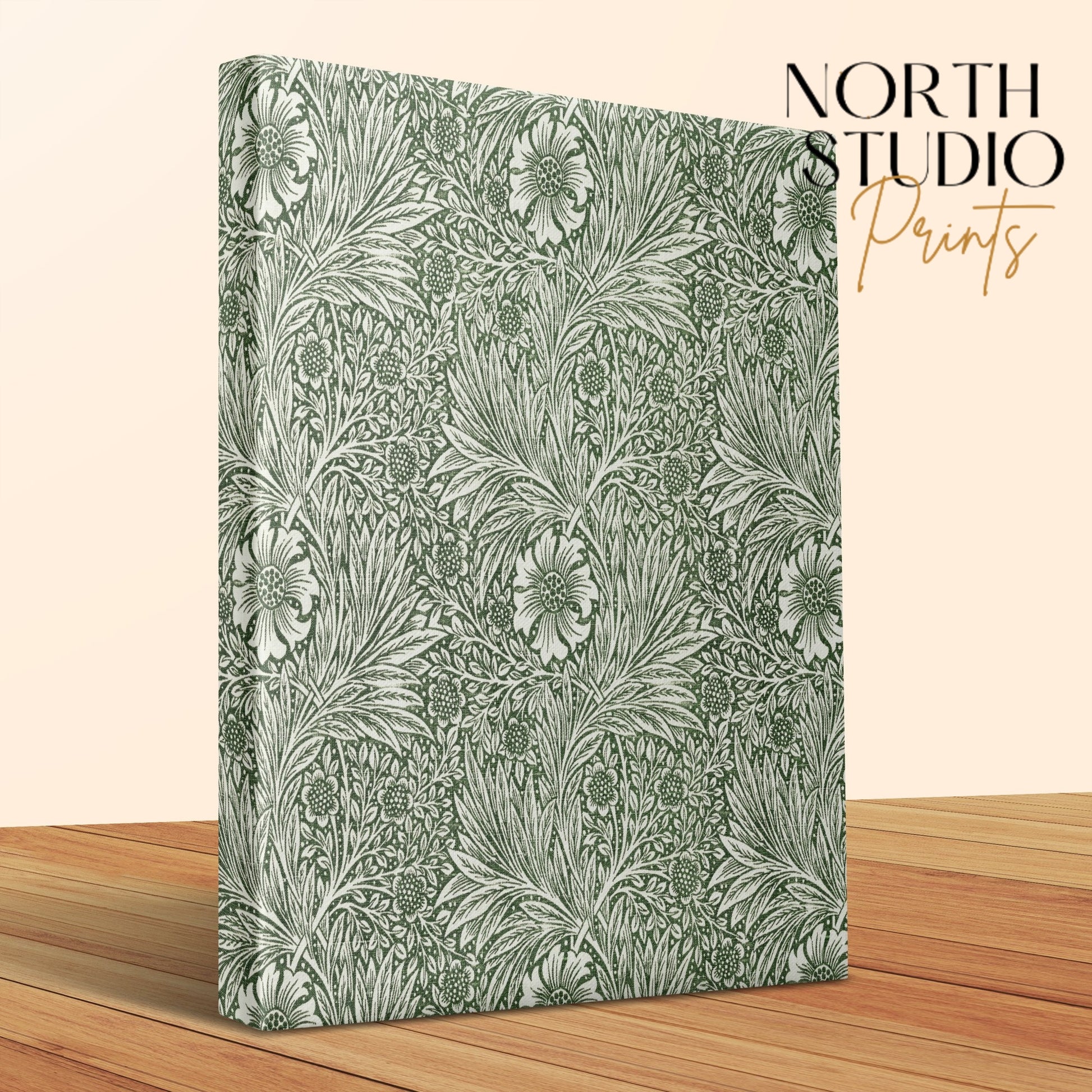Close-up of William Morris green floral pattern canvas wrap with detailed botanical designs, showcasing high-quality print and craftsmanship.