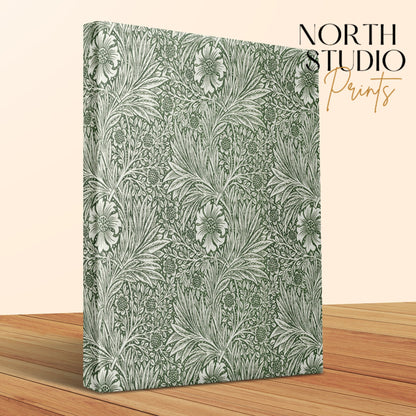 Close-up of William Morris green floral pattern canvas wrap with detailed botanical designs, showcasing high-quality print and craftsmanship.