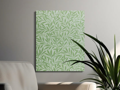 William Morris green leaf pattern canvas wrap displayed in a modern living room, complementing home decor with nature-inspired art.
