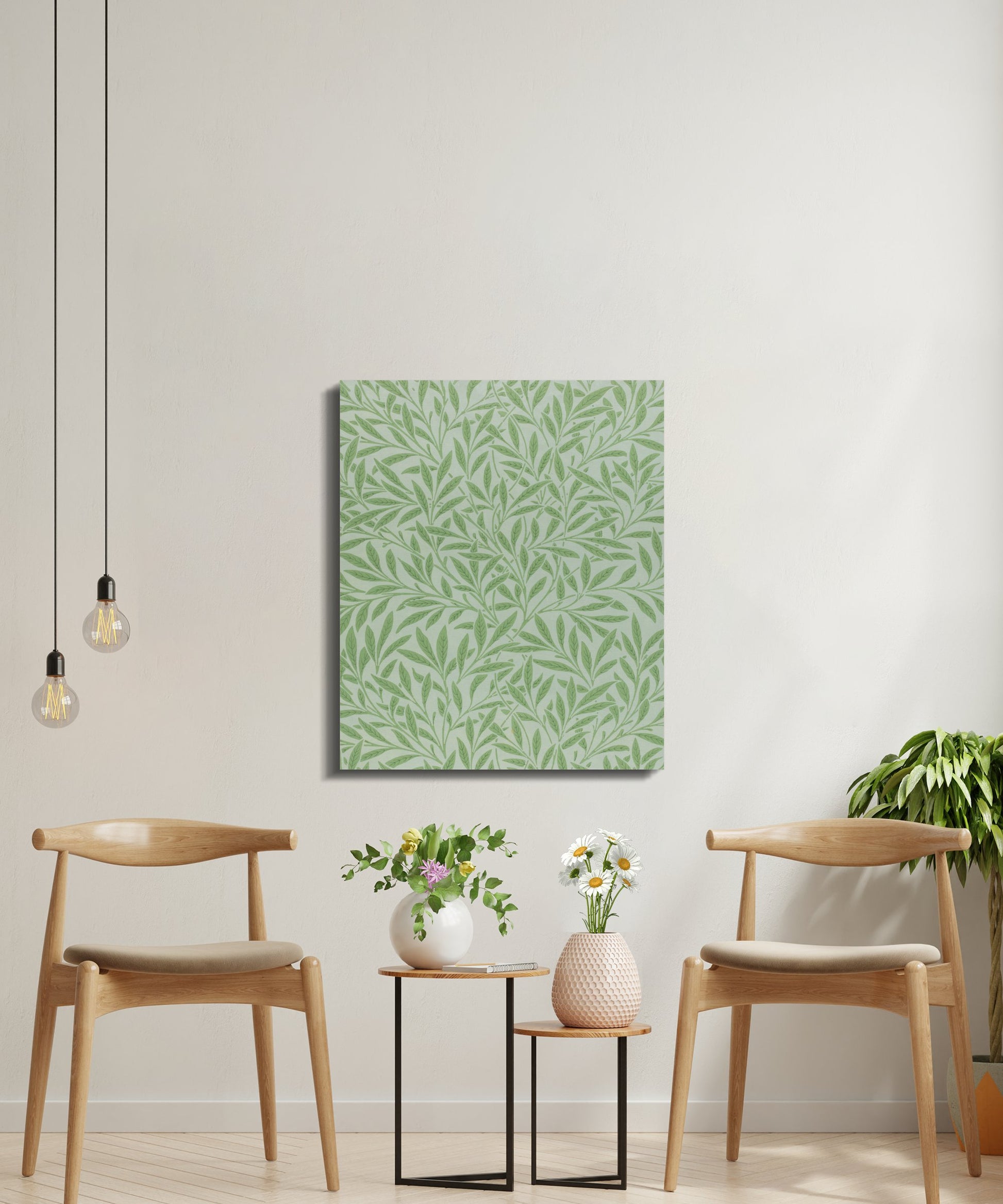 William Morris green leaf pattern canvas wrap displayed in a bright, minimalist room with wooden chairs and plants, enhancing home decor.