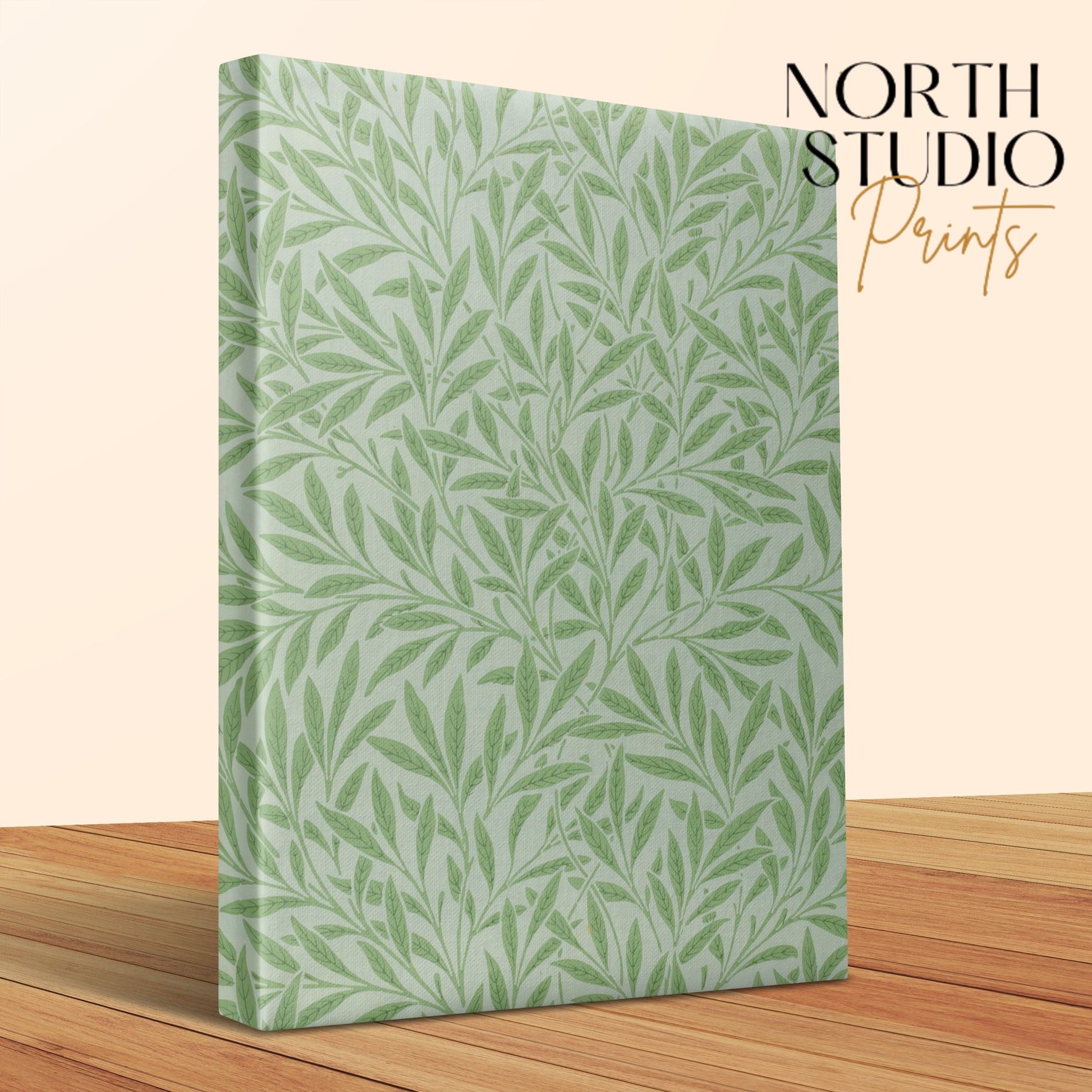 William Morris green leaf pattern canvas wrap with a side view showcasing its premium quality, perfect for artistic wall hanging.