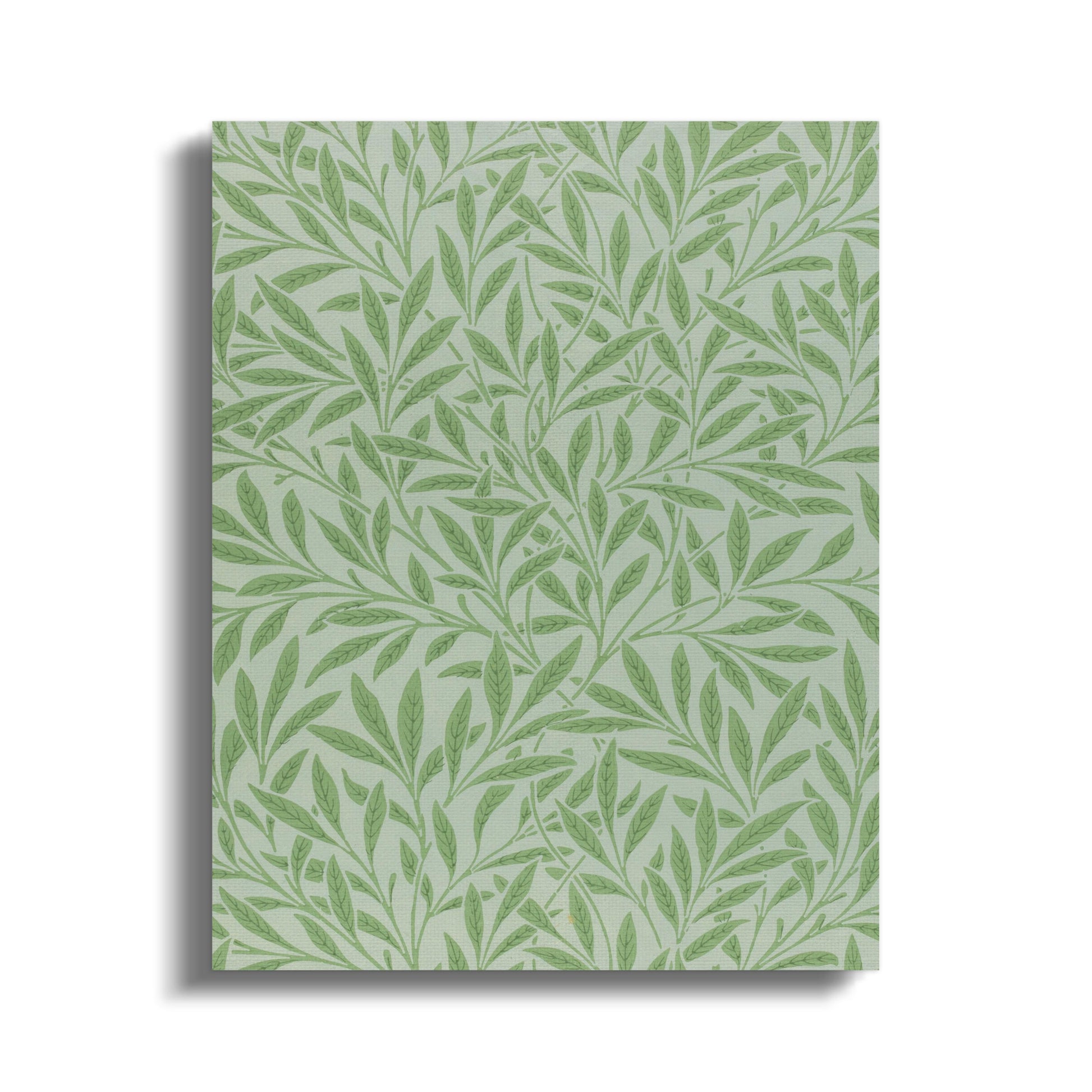 William Morris green leaf pattern canvas wrap featuring intricate botanical design with soft green tones, ideal for wall art.