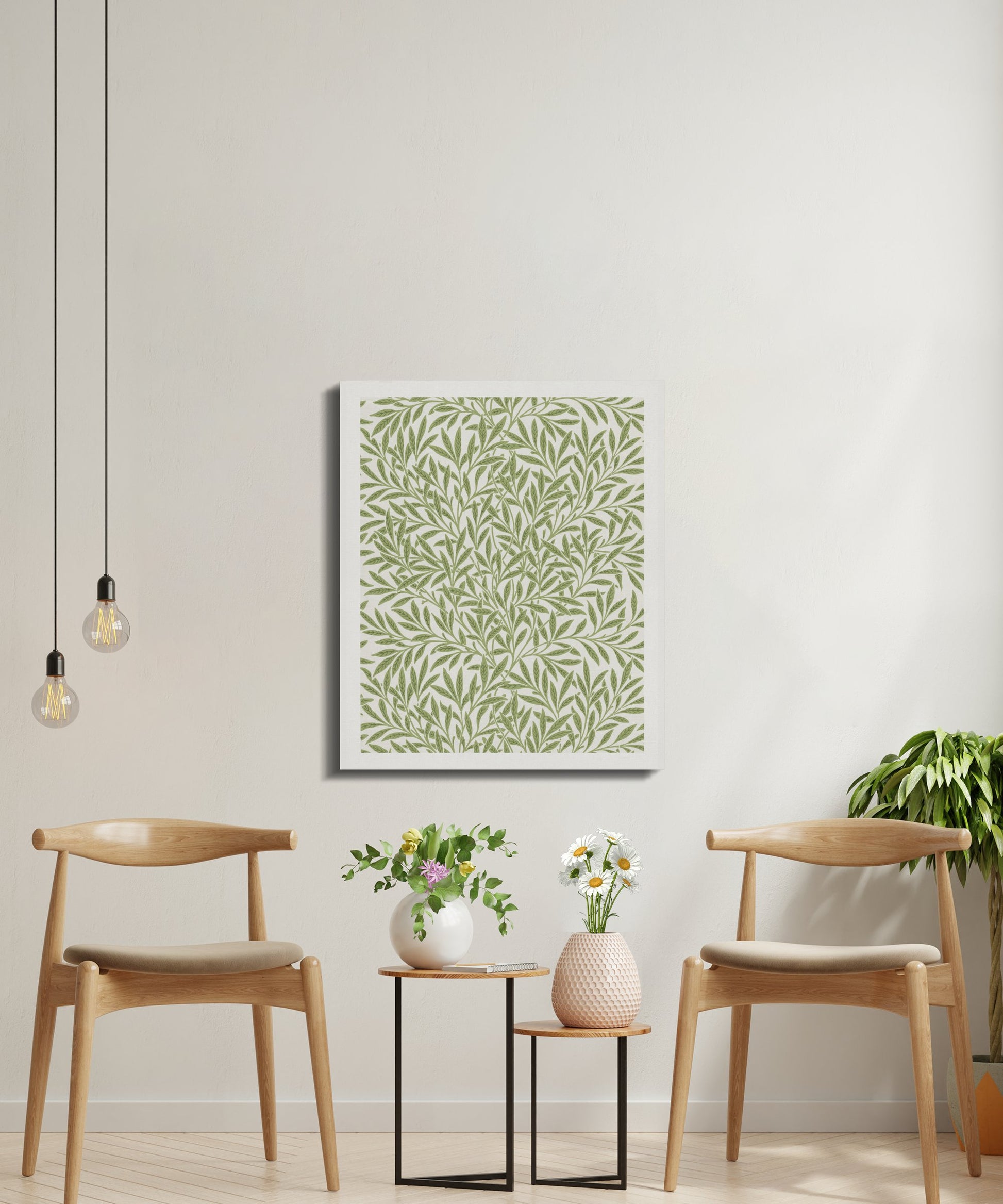 William Morris leafy green pattern canvas wrap in a bright sitting area with wooden chairs and plants, creating a serene atmosphere.