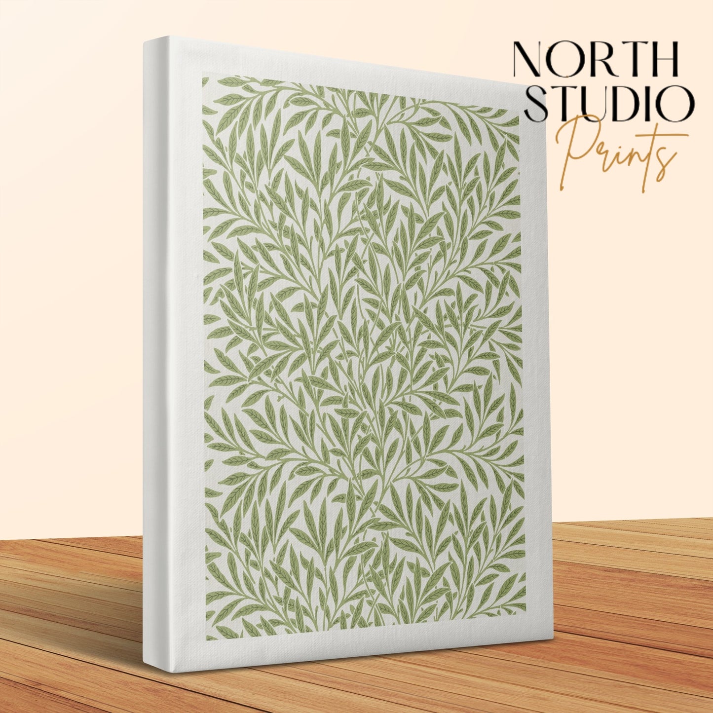 William Morris leafy green pattern canvas wrap close-up, showcasing detailed botanical design, branded by North Studio Prints.
