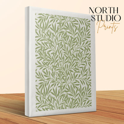William Morris leafy green pattern canvas wrap close-up, showcasing detailed botanical design, branded by North Studio Prints.