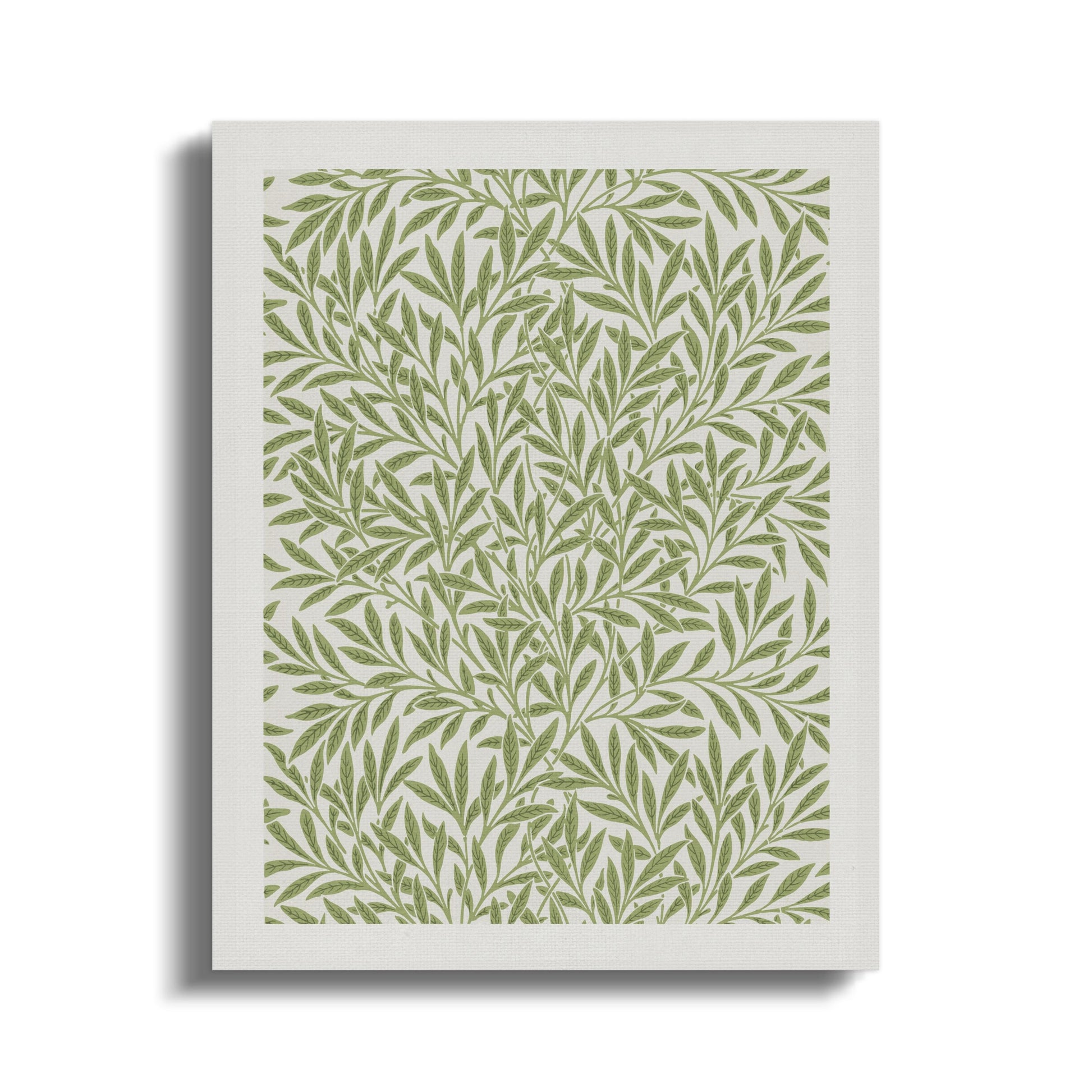 William Morris leafy green pattern canvas wrap featuring intricate botanical leaf design on a light background, ideal for wall decor.