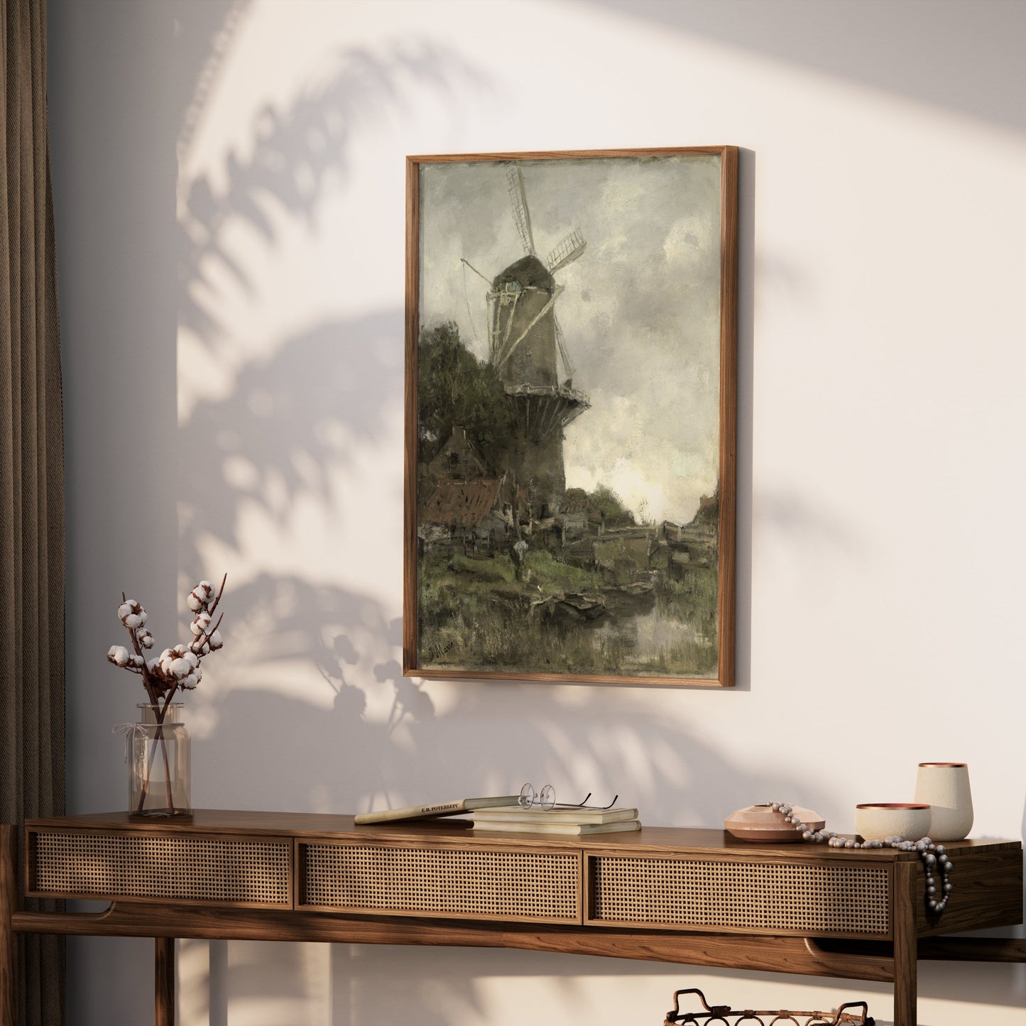Premium Poster of Windmill Overlooking A Calm River Bank Posters