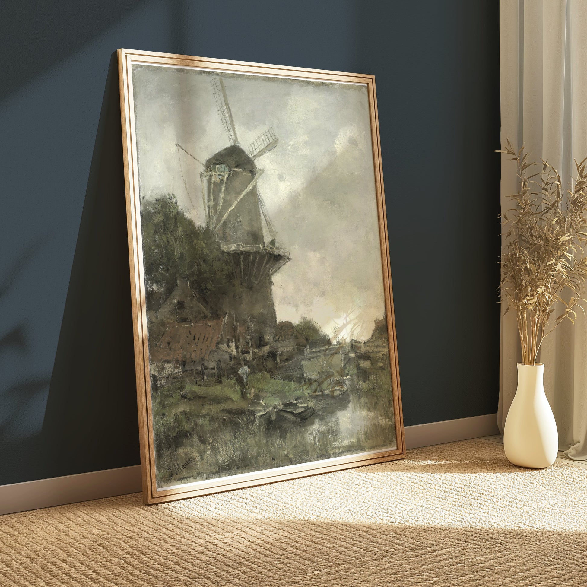 Premium Poster of Windmill Overlooking A Calm River Bank Posters