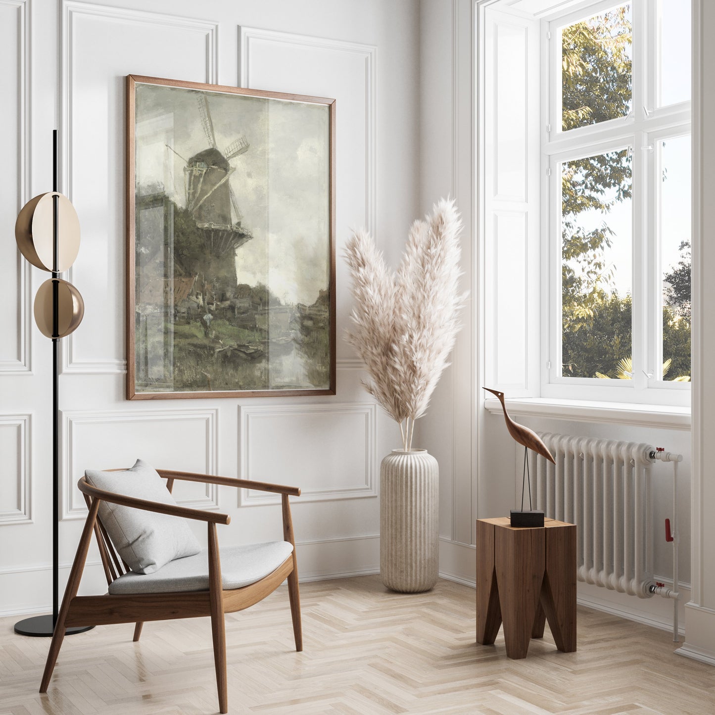 Premium Poster of Windmill Overlooking A Calm River Bank Posters