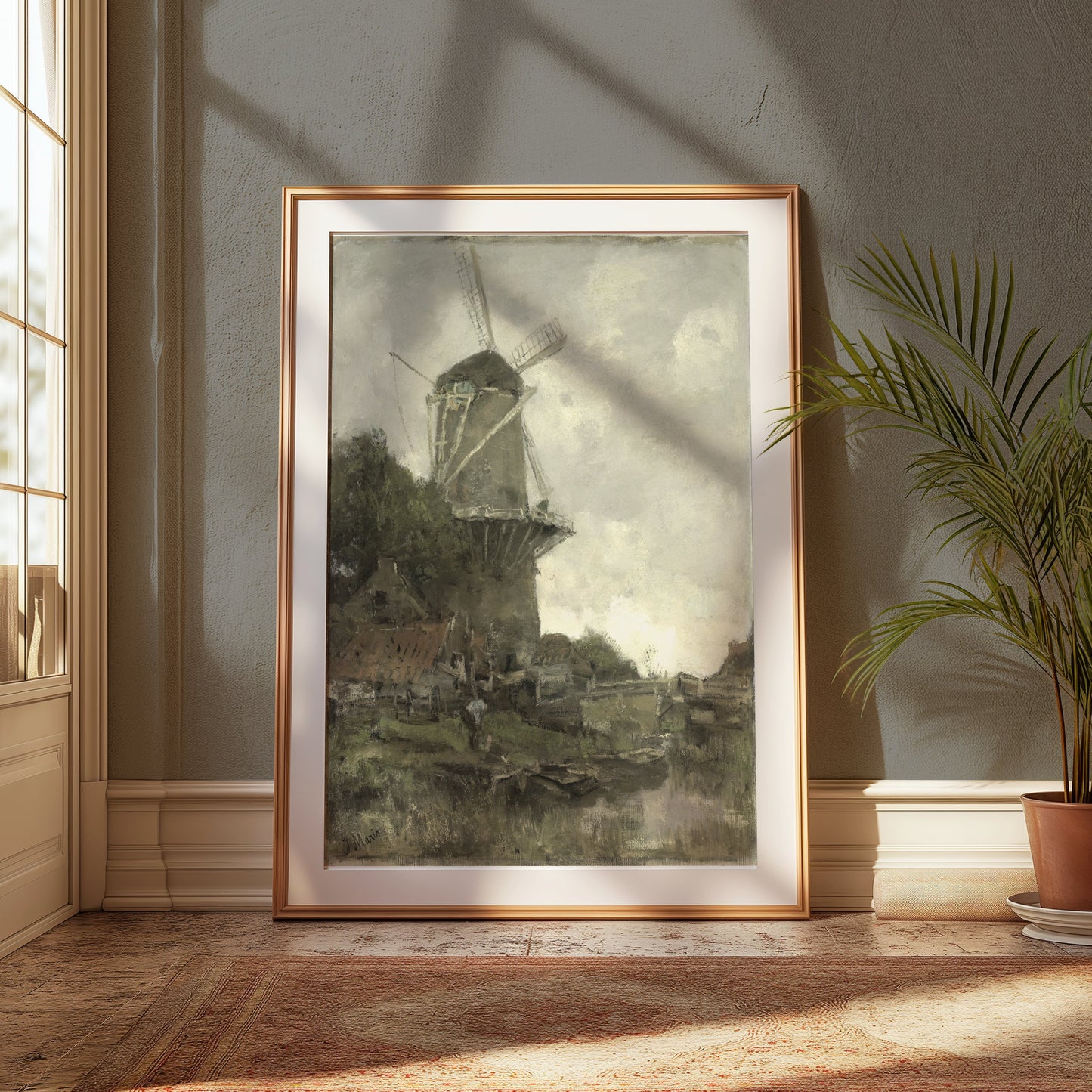 Premium Poster of Windmill Overlooking A Calm River Bank Posters
