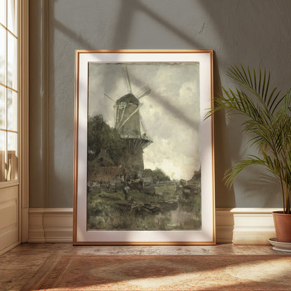 Premium Poster of Windmill Overlooking A Calm River Bank Posters