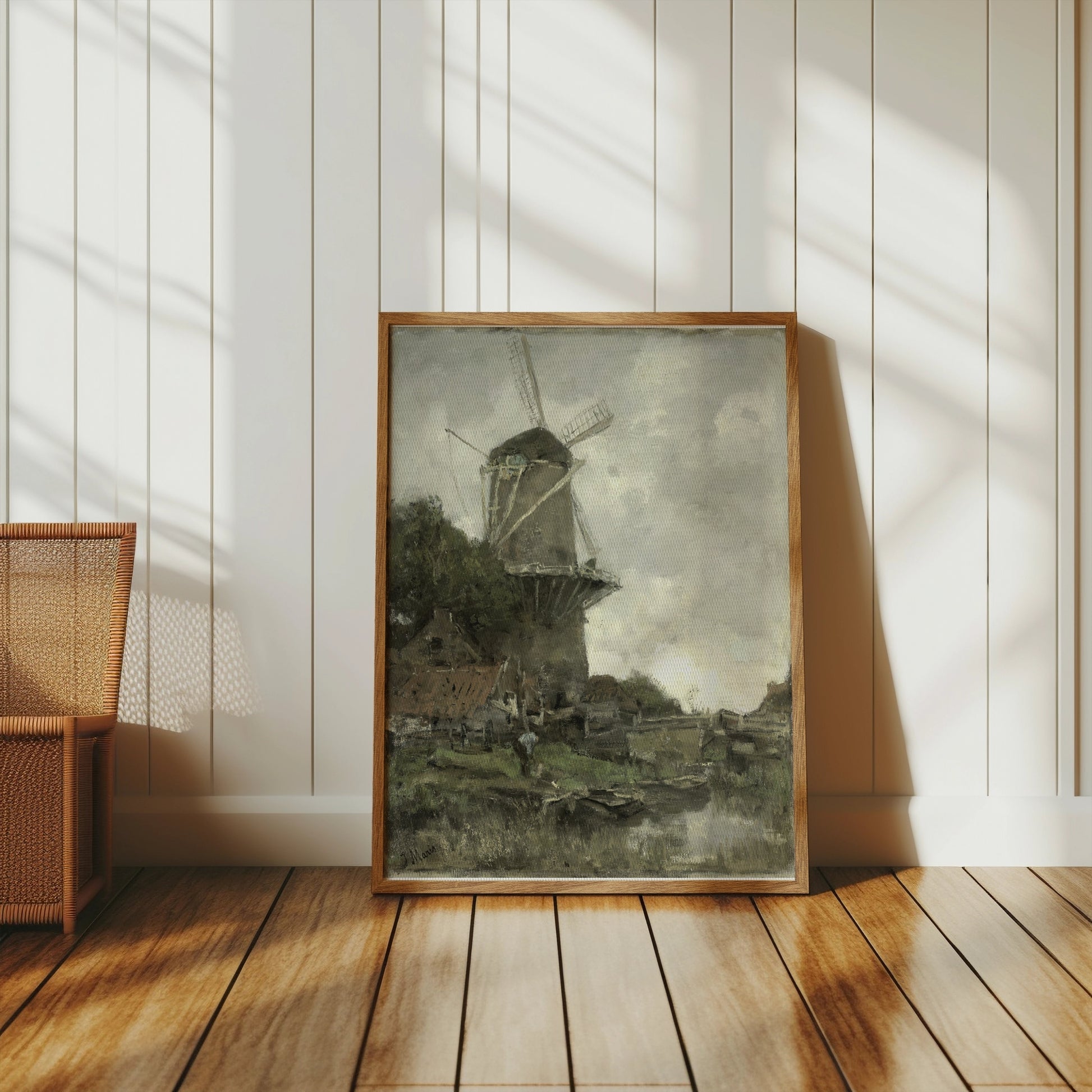 Premium Poster of Windmill Overlooking A Calm River Bank Posters