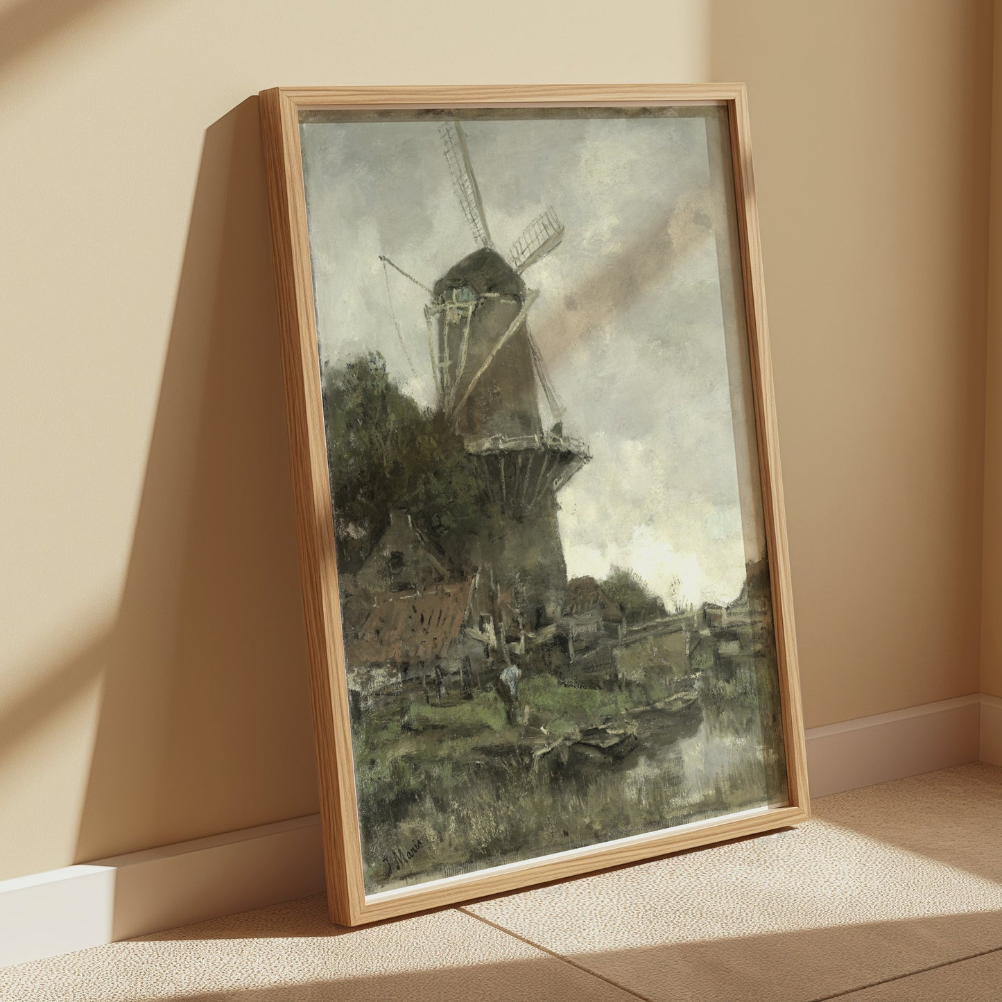 Premium Poster of Windmill Overlooking A Calm River Bank Posters