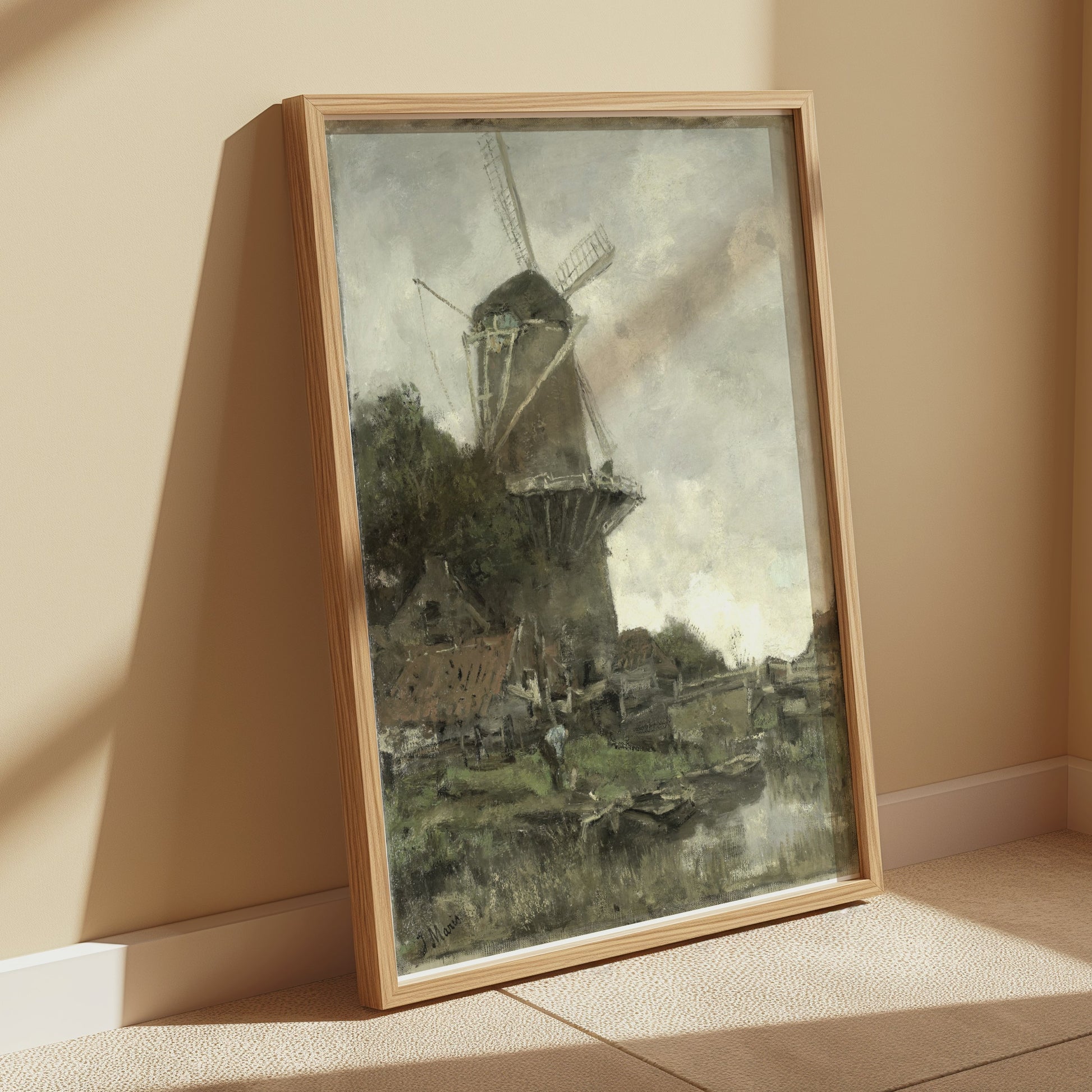 Premium Poster of Windmill Overlooking A Calm River Bank Posters