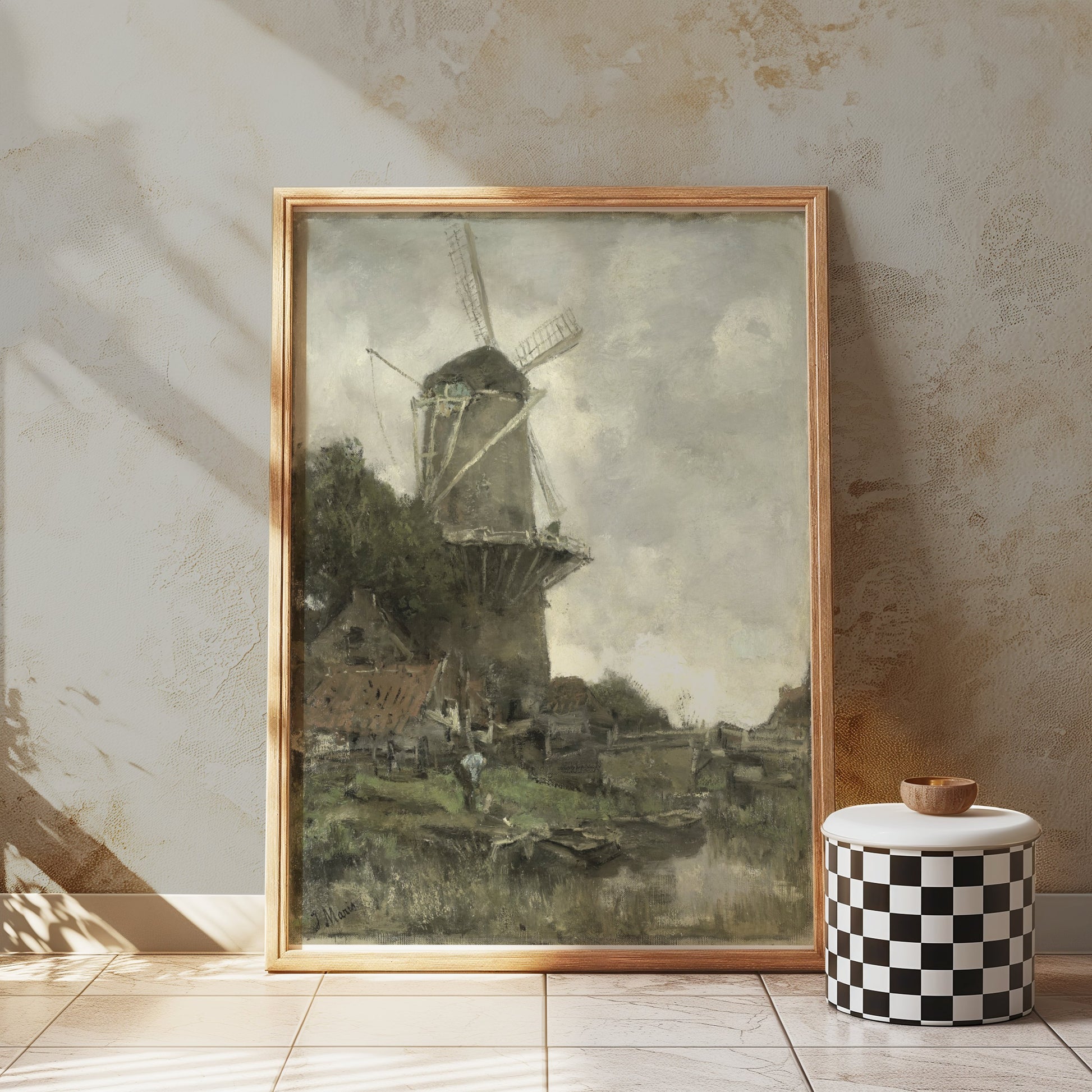 Premium Poster of Windmill Overlooking A Calm River Bank Posters