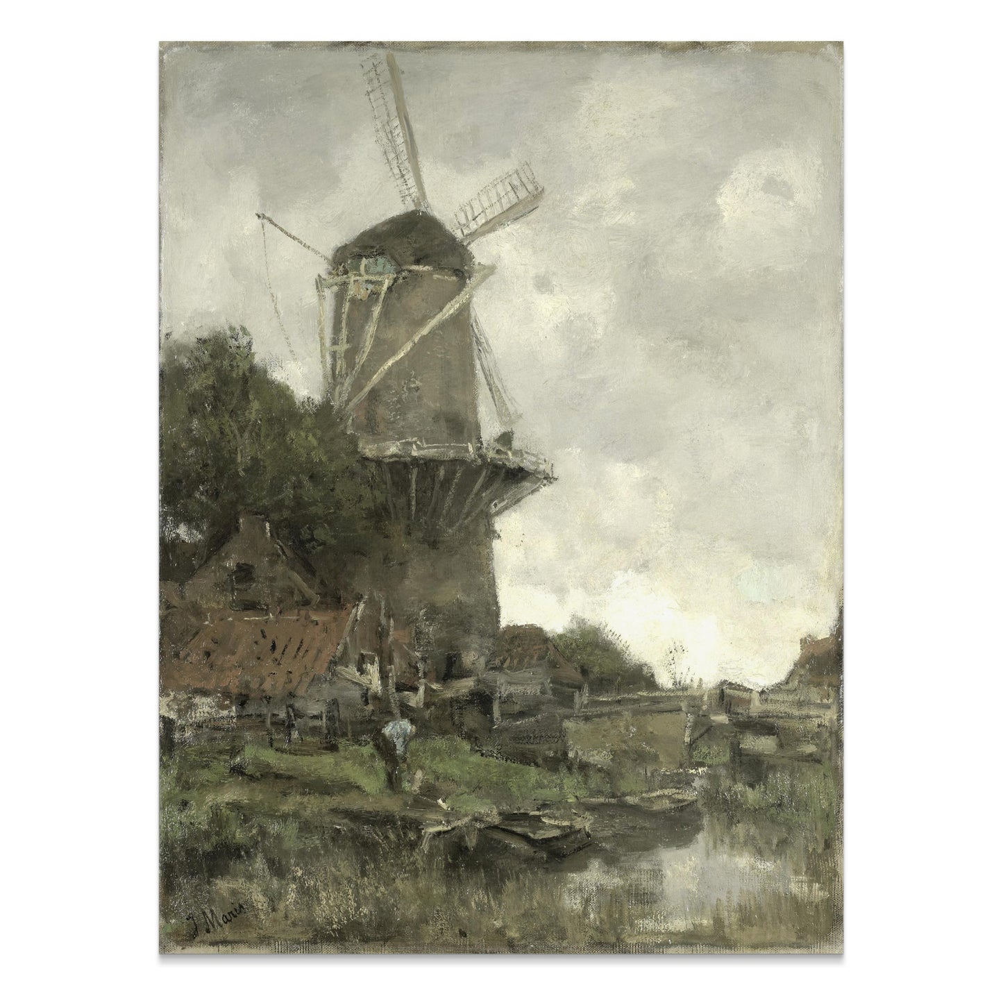 Premium Poster of Windmill Overlooking A Calm River Bank Posters