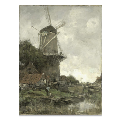 Premium Poster of Windmill Overlooking A Calm River Bank Posters