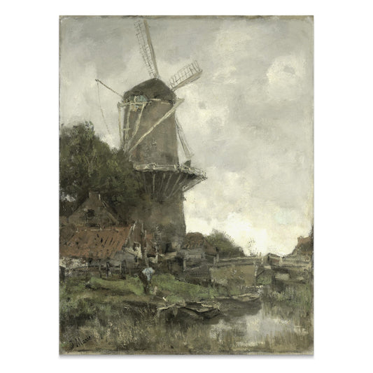 Premium Poster of Windmill Overlooking A Calm River Bank Posters
