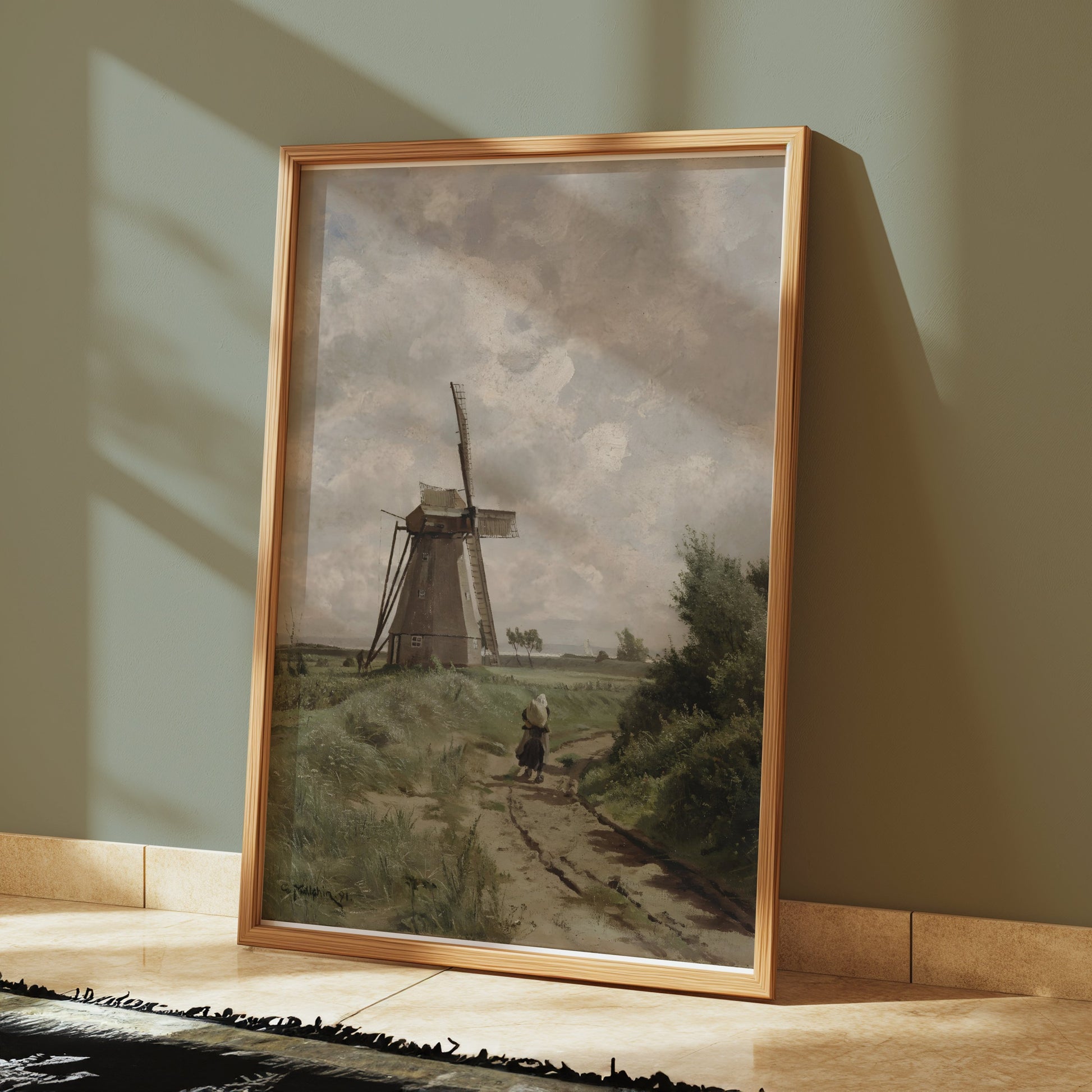 Premium Poster of Windmill with Dirt Path and Woman Classic Style Posters