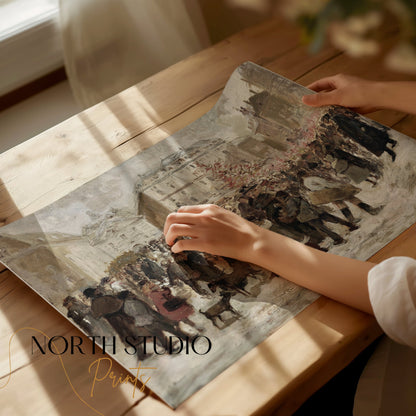 Premium Poster of Winter Holiday Market Scene with Dogs and People Posters