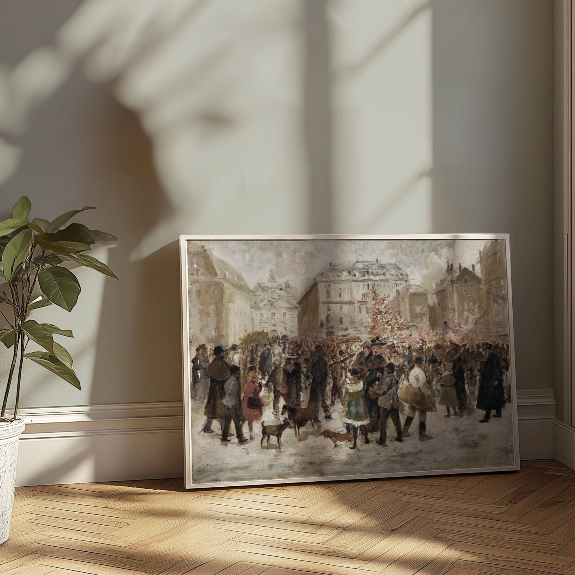 Premium Poster of Winter Holiday Market Scene with Dogs and People Posters