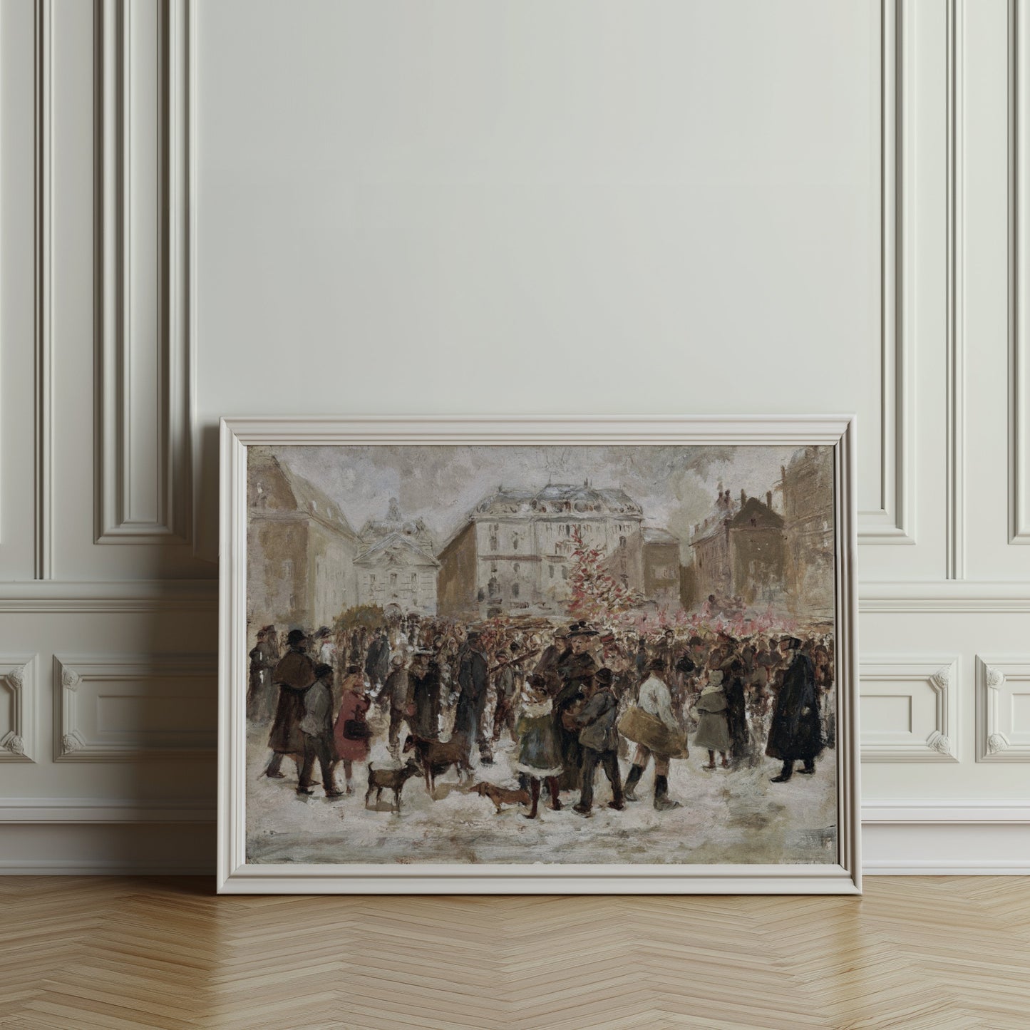 Premium Poster of Winter Holiday Market Scene with Dogs and People Posters