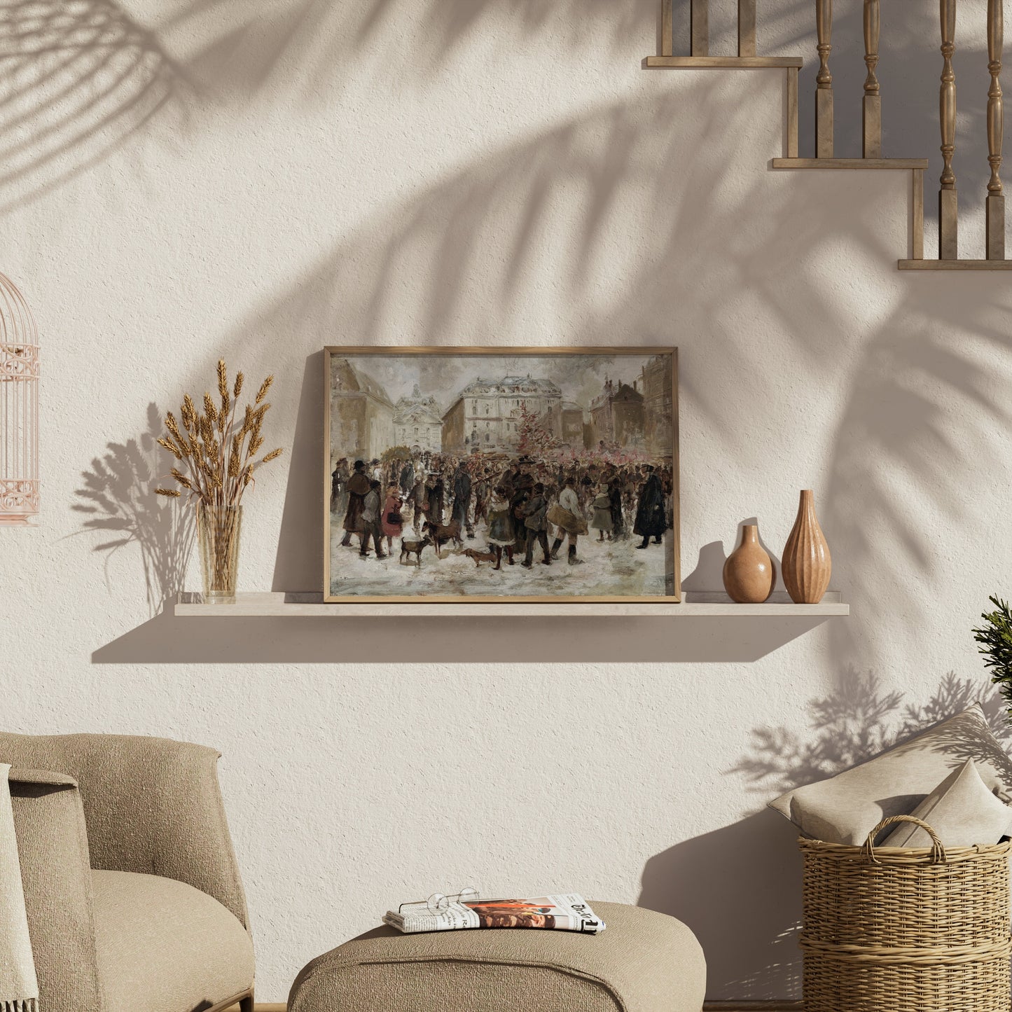 Premium Poster of Winter Holiday Market Scene with Dogs and People Posters
