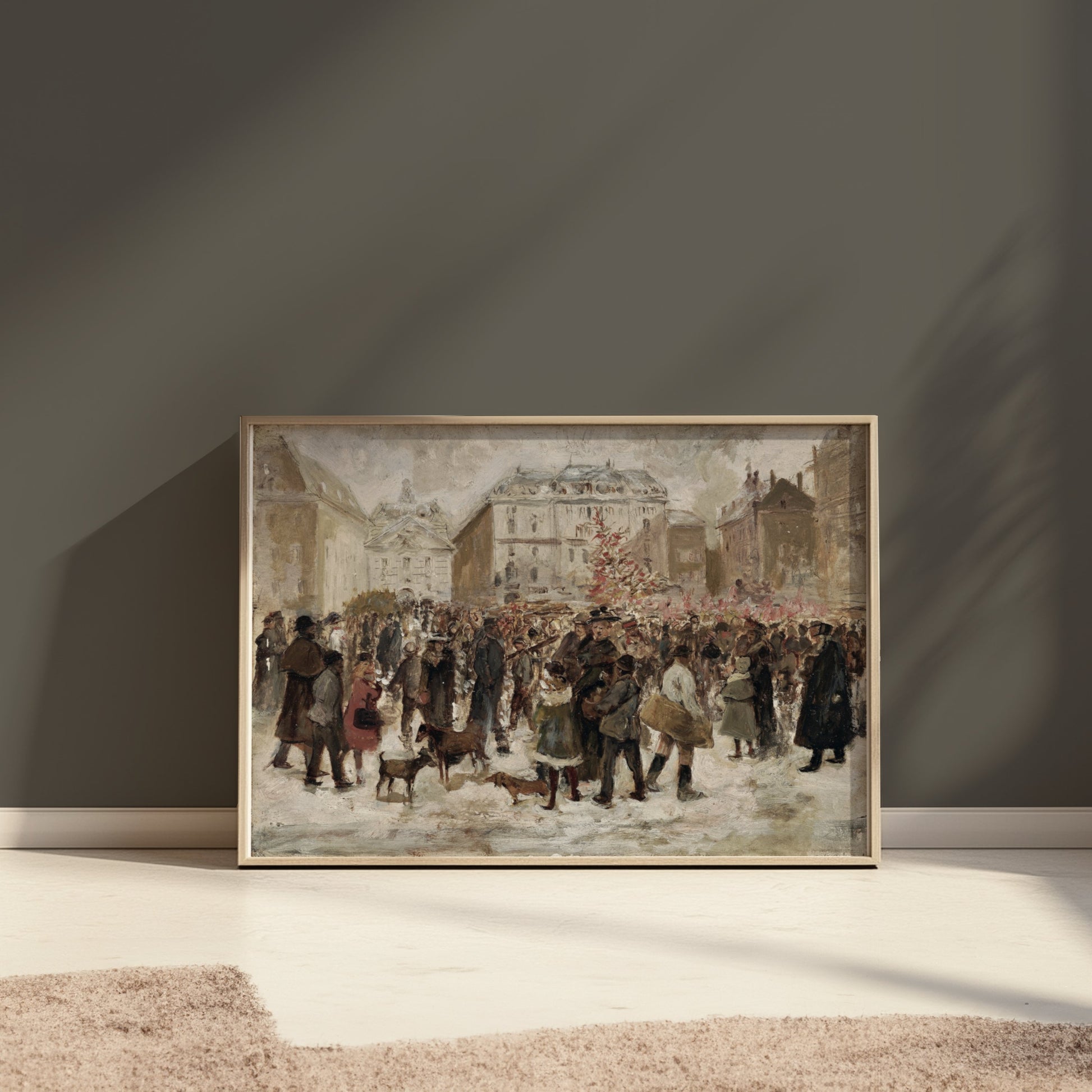 Premium Poster of Winter Holiday Market Scene with Dogs and People Posters