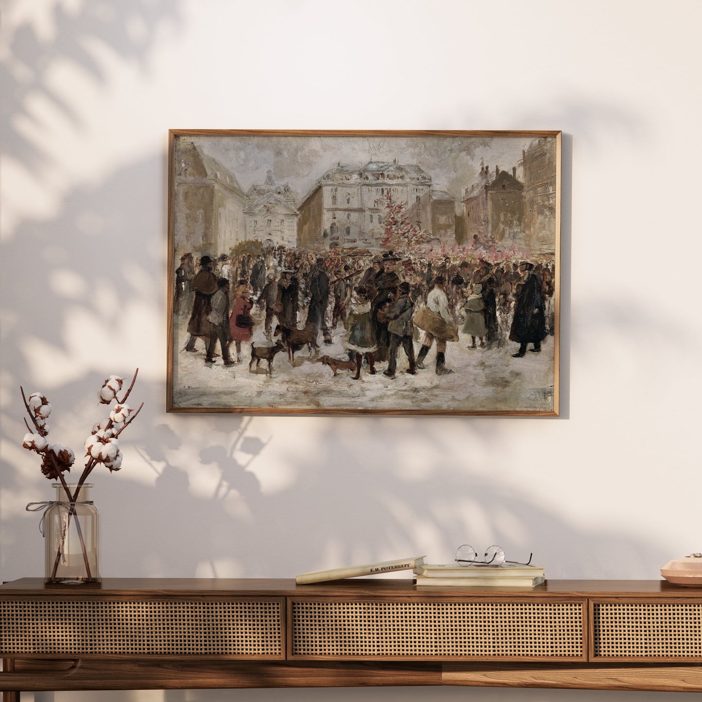 Premium Poster of Winter Holiday Market Scene with Dogs and People Posters
