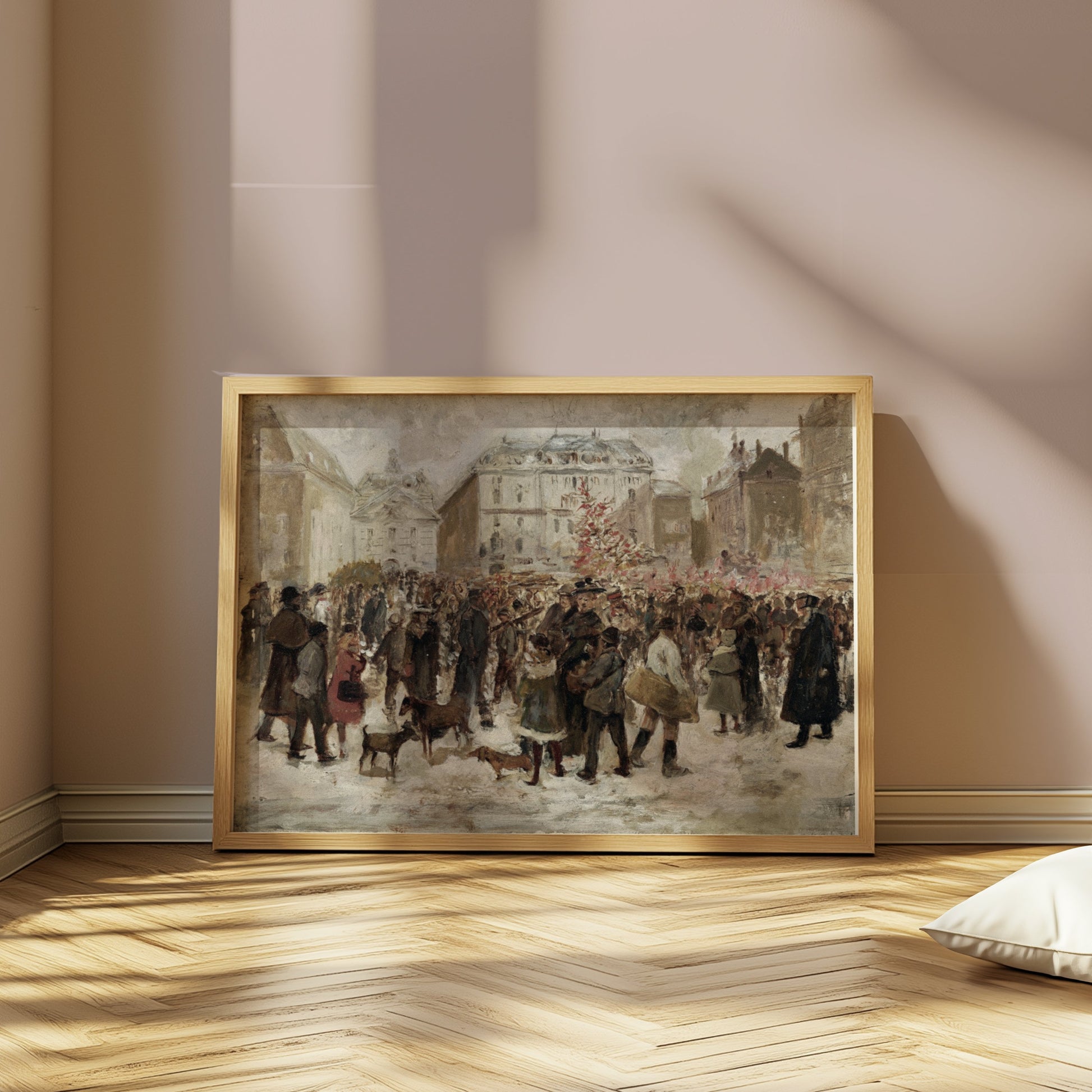 Premium Poster of Winter Holiday Market Scene with Dogs and People Posters
