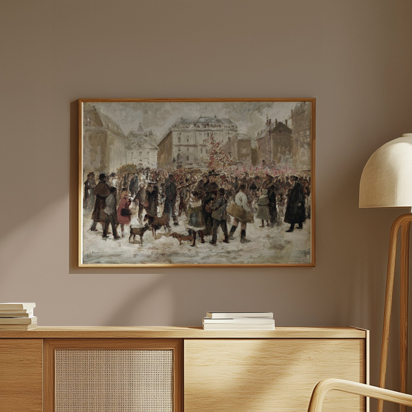 Premium Poster of Winter Holiday Market Scene with Dogs and People Posters