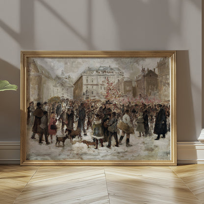 Premium Poster of Winter Holiday Market Scene with Dogs and People Posters