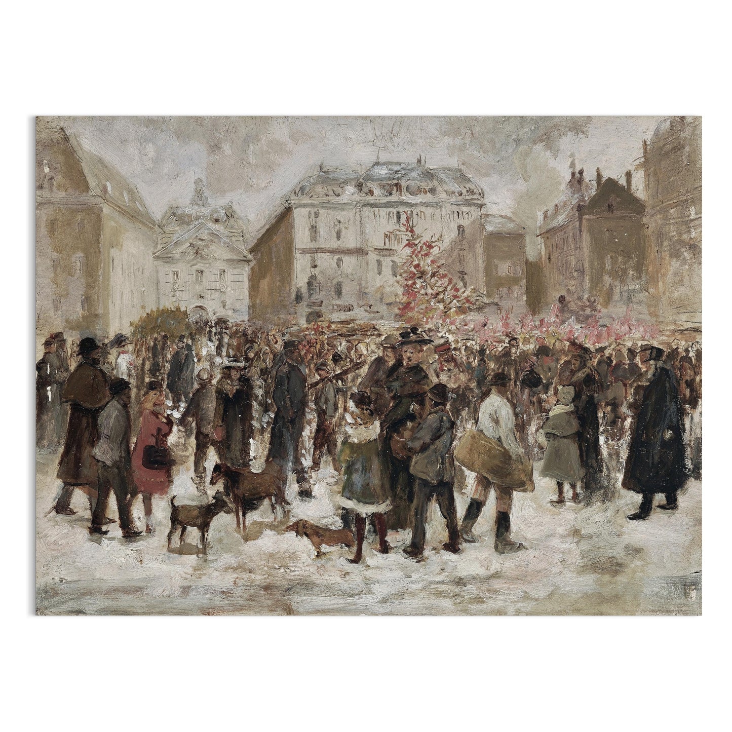 Premium Poster of Winter Holiday Market Scene with Dogs and People Posters