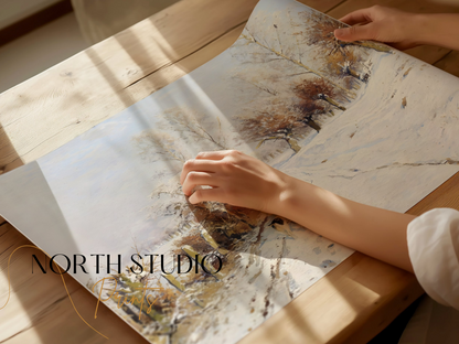 Premium Poster of Winter Landscape with Person and Dogs Posters