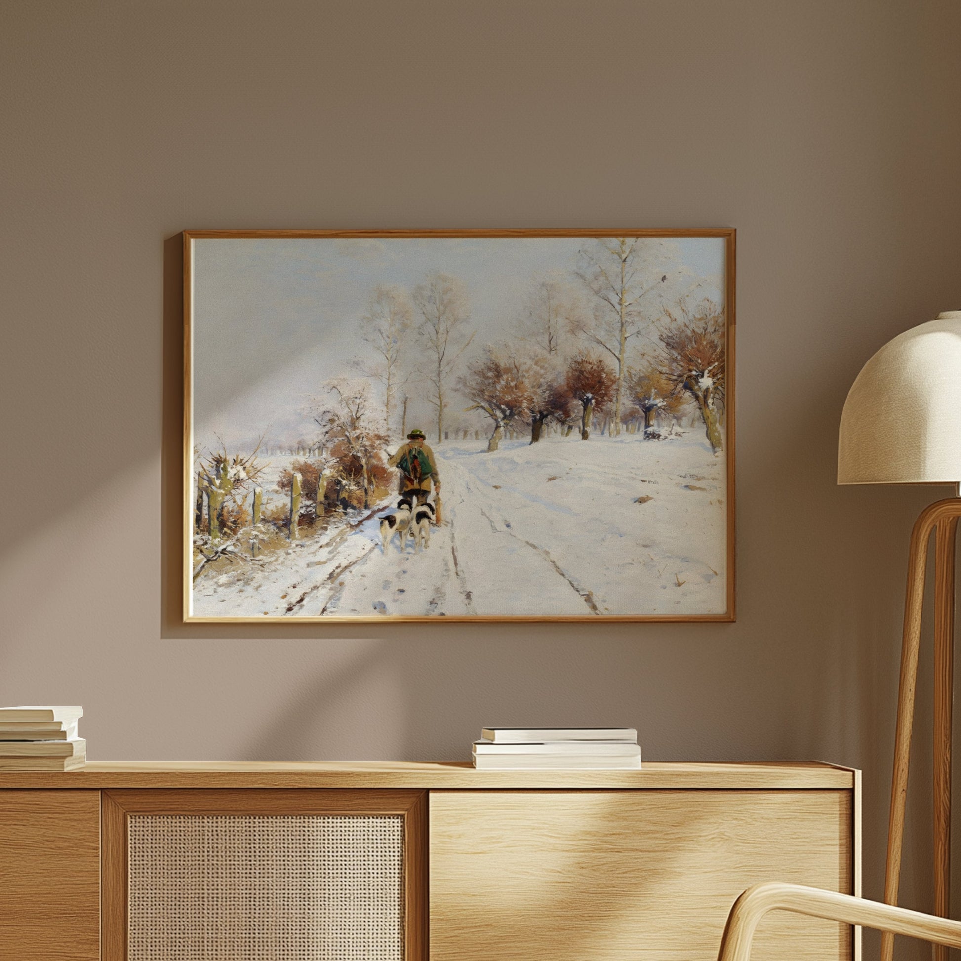 Premium Poster of Winter Landscape with Person and Dogs Posters