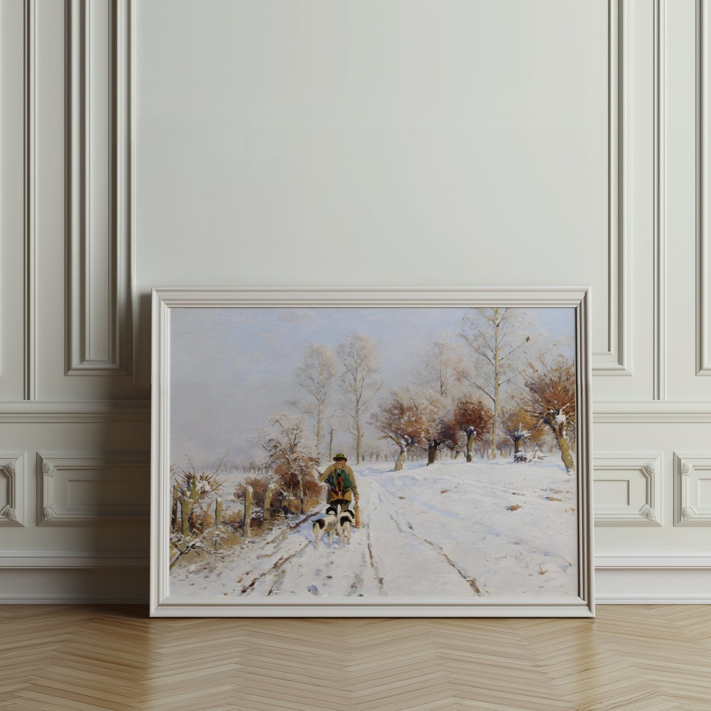 Premium Poster of Winter Landscape with Person and Dogs Posters