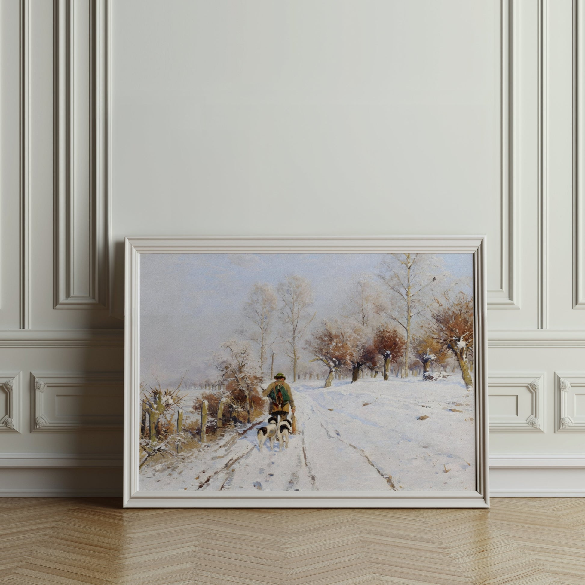 Premium Poster of Winter Landscape with Person and Dogs Posters