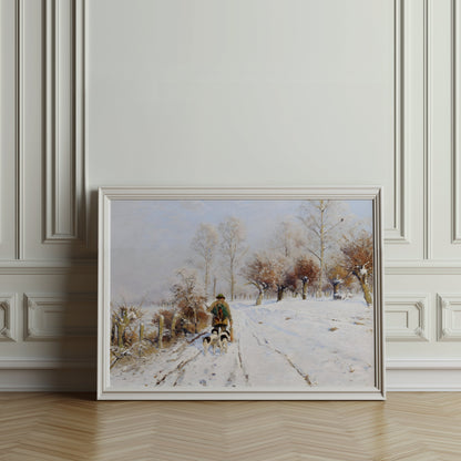 Premium Poster of Winter Landscape with Person and Dogs Posters