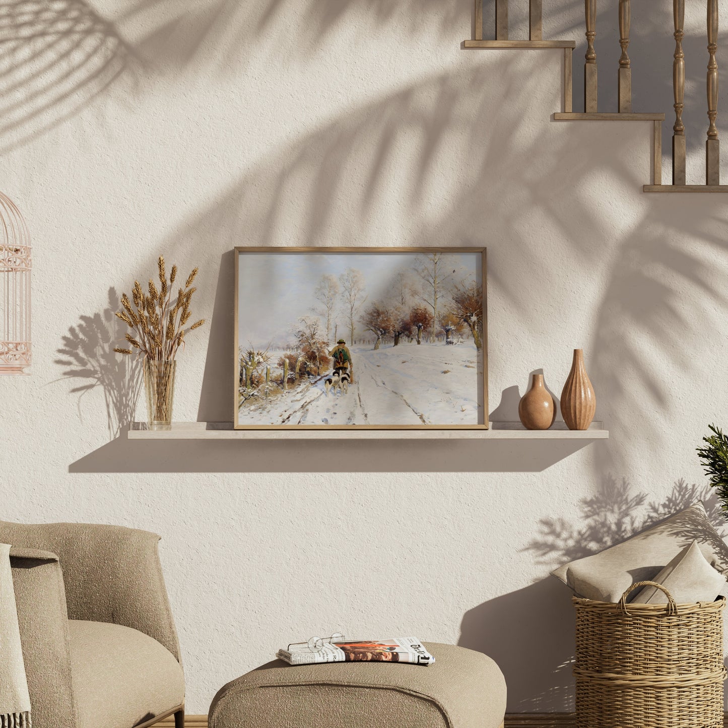 Premium Poster of Winter Landscape with Person and Dogs Posters
